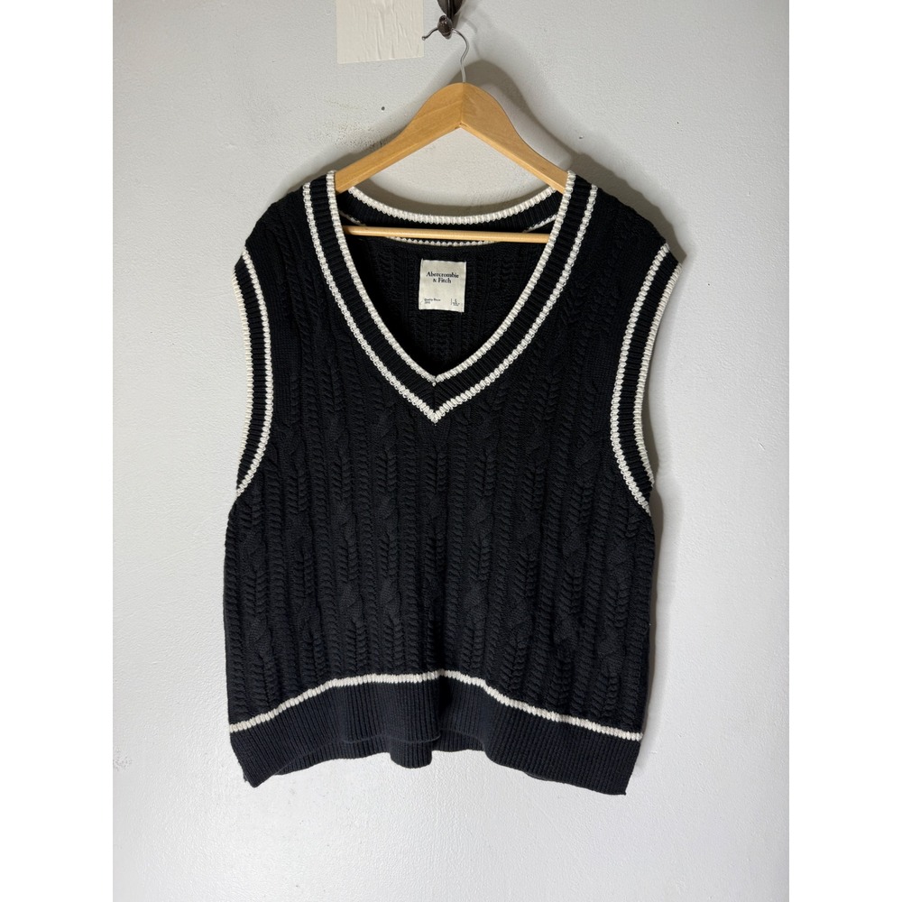 Abercrombie Cable Knit V-Neck Sweater Vest Preppy Tennis Academia black large